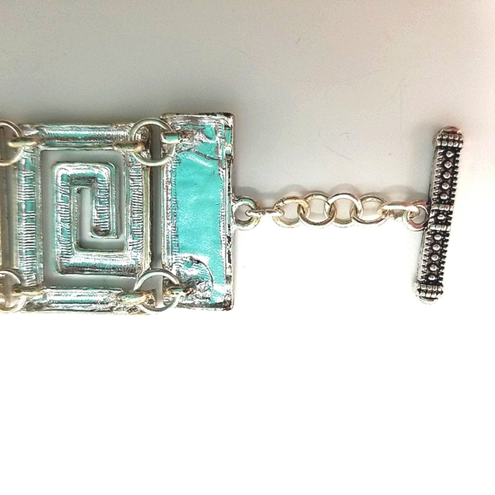 Greek Keysquare Bracelet Chunky Silvertone & Black Spiral Link T-Bar Closure - Picture 9 of 14
